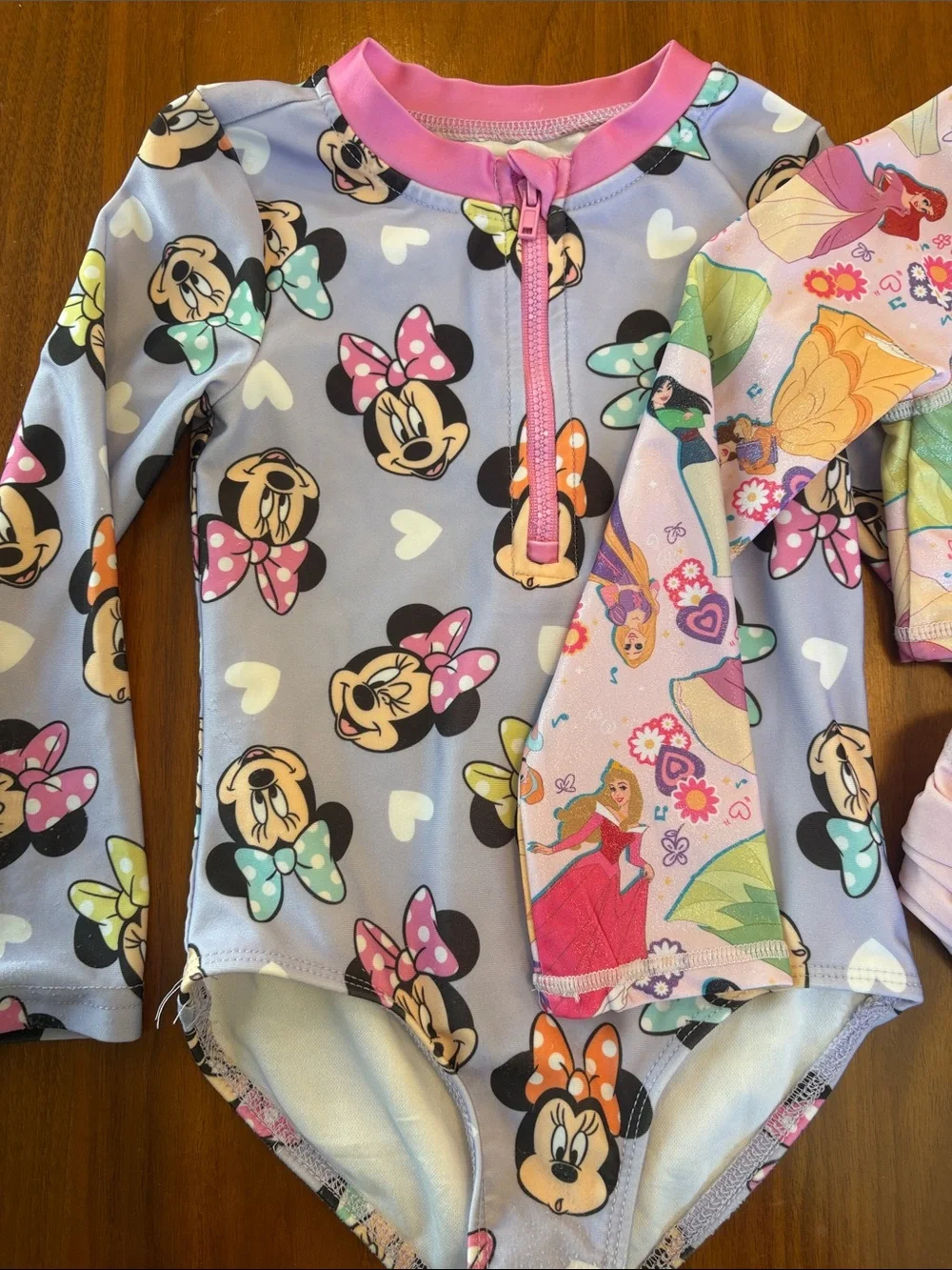 Two Girls 3T Disney Minnie & Princess Rashguard Swimsuits - Pink, Lavender - Picture 2 of 3